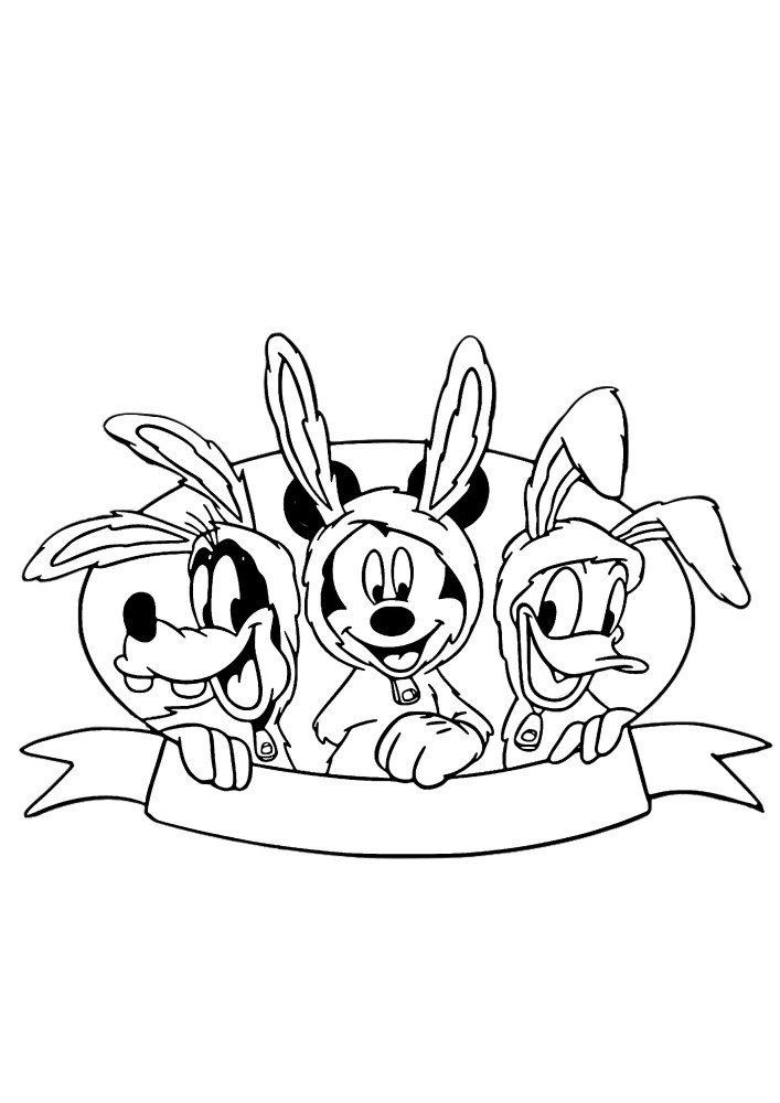 Pateta, Plutão e Pato Donald são personagens da Disney que se vestiram com trajes de coelhinho da Páscoa