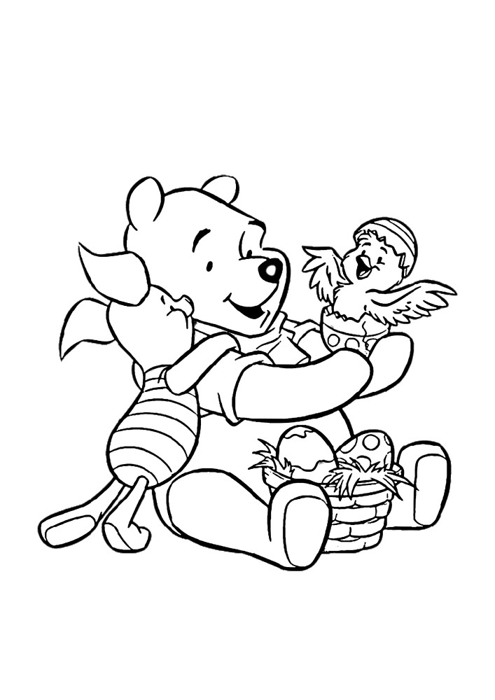 Winnie the Pooh con una canasta que está llena de testículos pintados