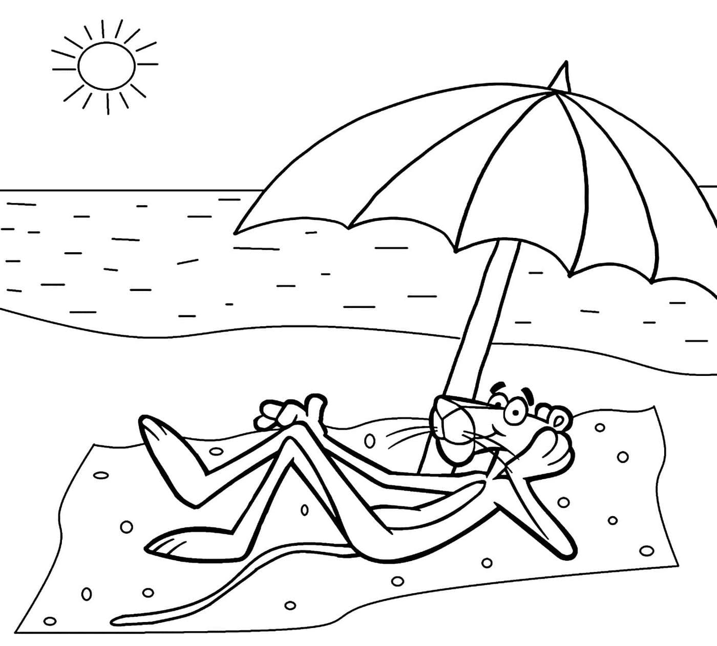 Coloring page Pink Panther Pink Panther on the beach