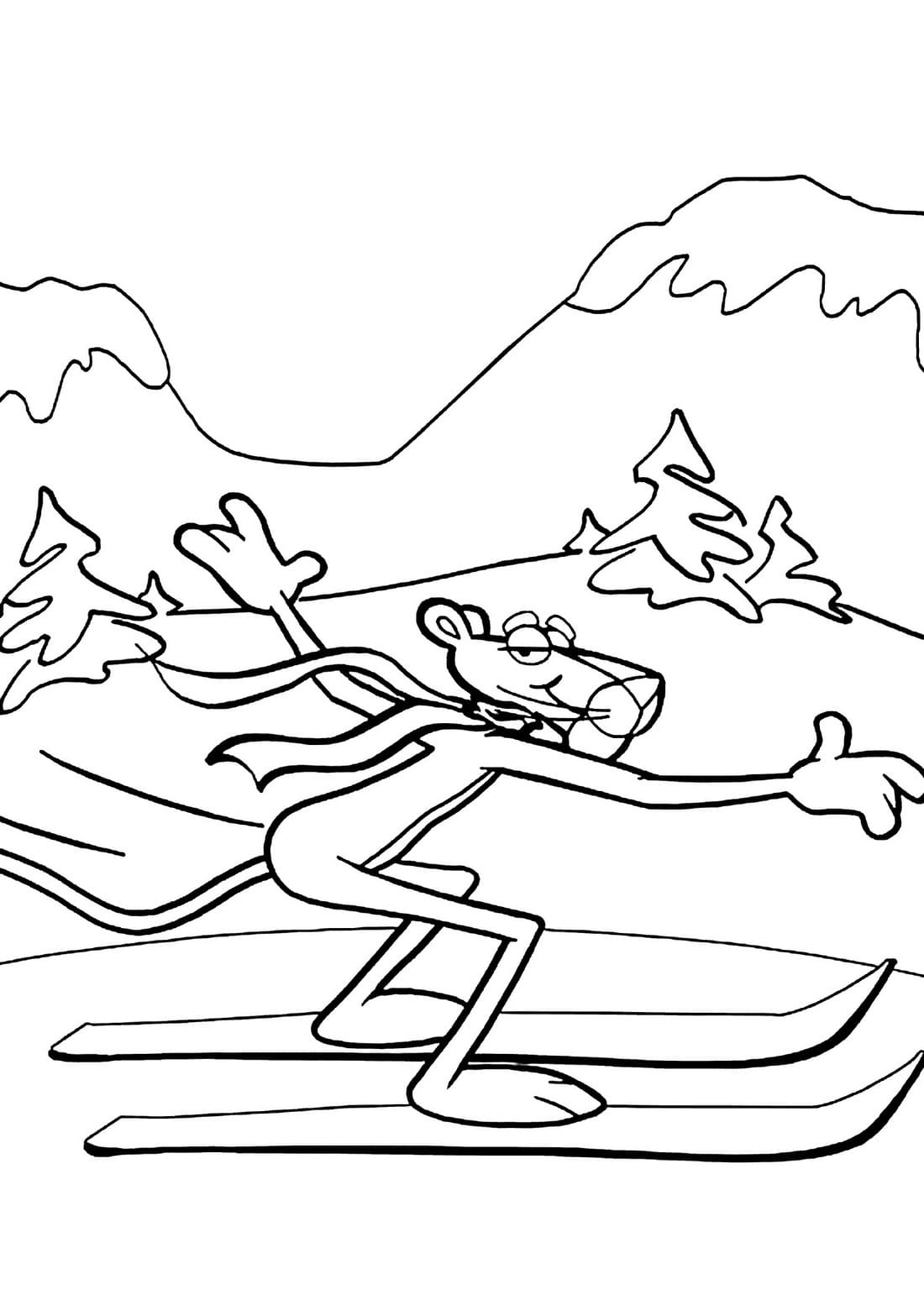 Coloring page Pink Panther Pink Panther on skis