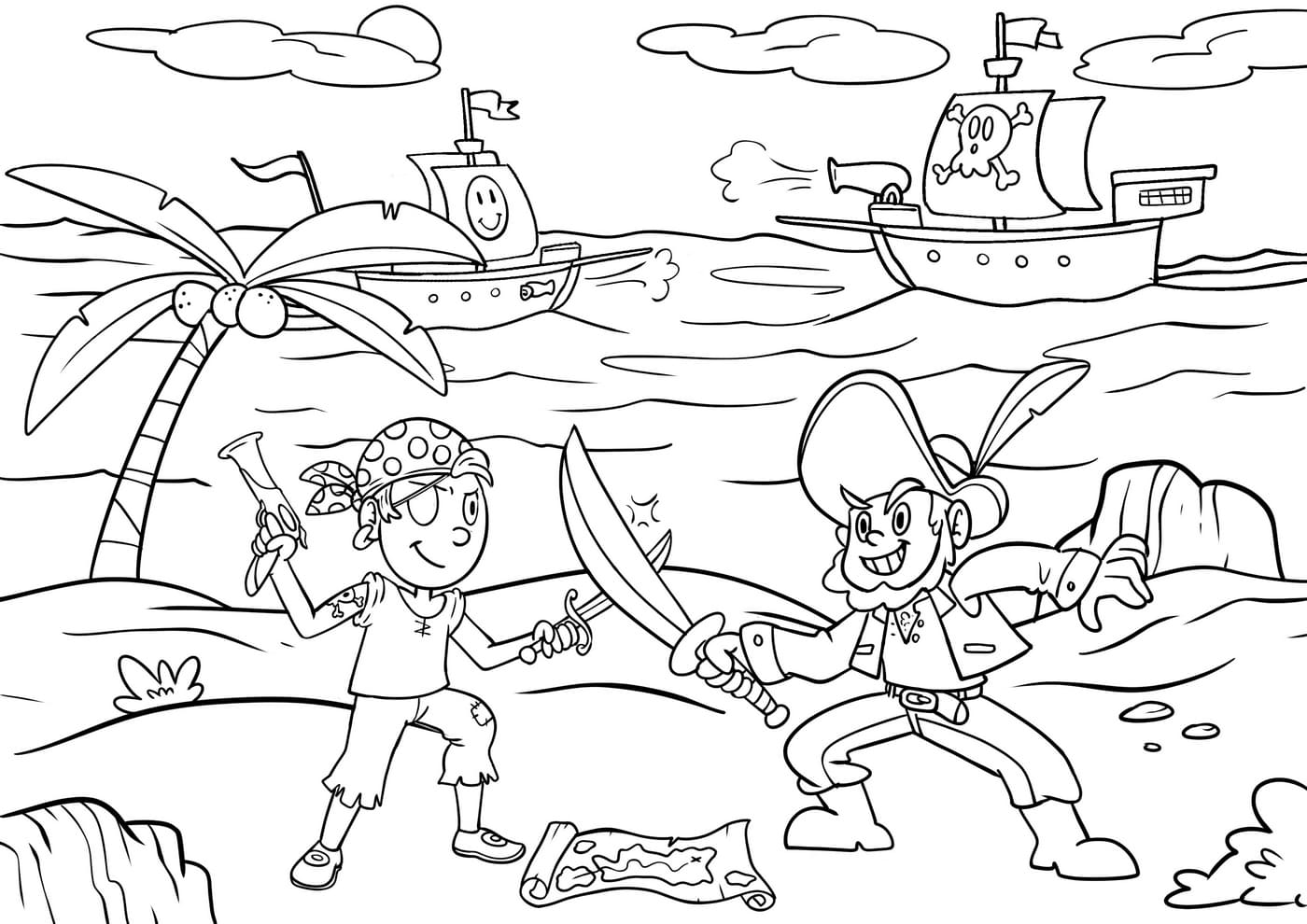 Ausmalbild Piraten Schlacht der Piraten