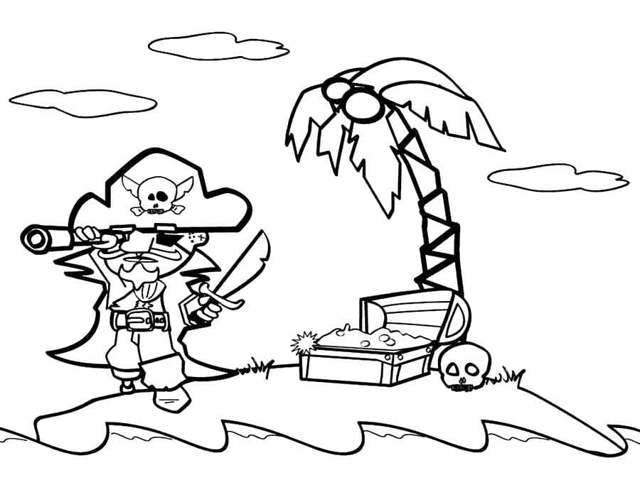 Coloring page Pirates A pirate guards a treasure chest Print