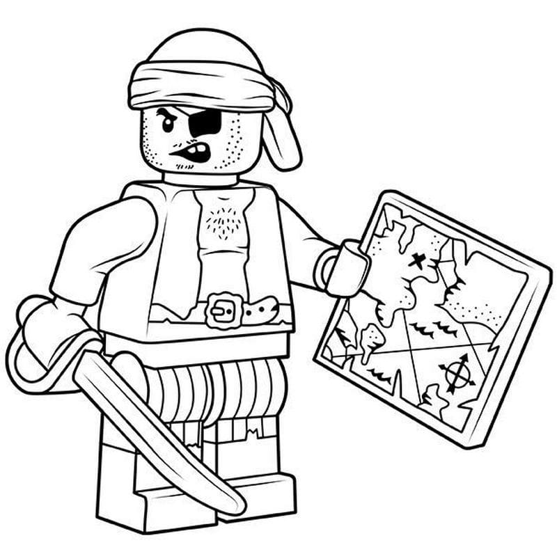 Coloriage Pirates Lego Pirate brandissant une carte au trésor