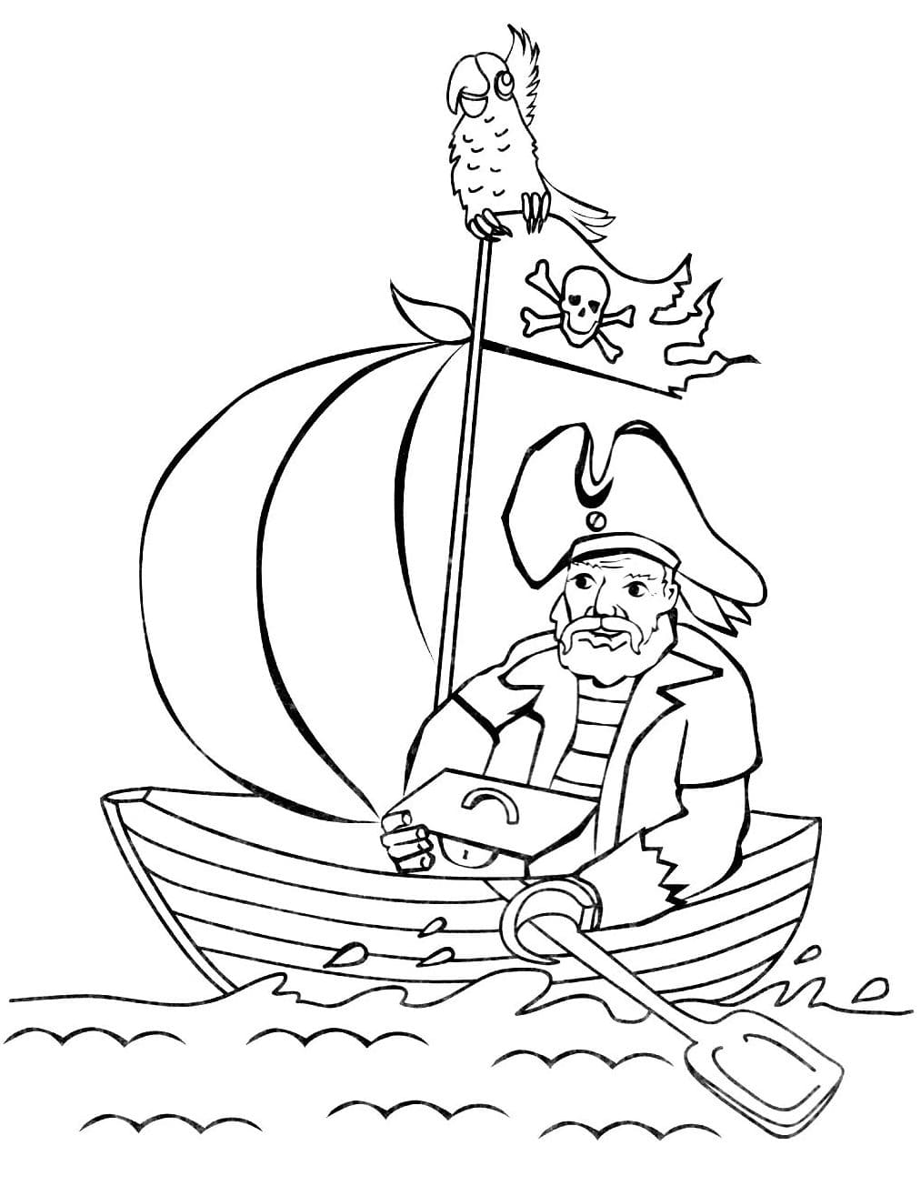 Ausmalbild Piraten Ein Pirat und ein Papagei segeln auf einem Boot