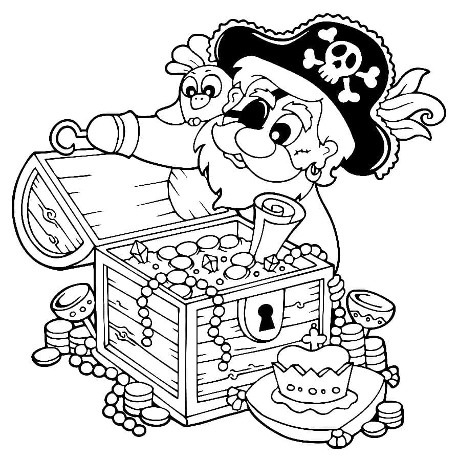 Ausmalbild Piraten Ein Pirat und seine Schatztruhe