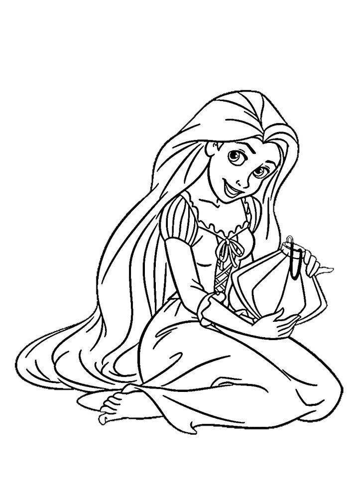 Um livro para colorir de camaleão pascal, que se diverte com Rapunzel e seu cabelo