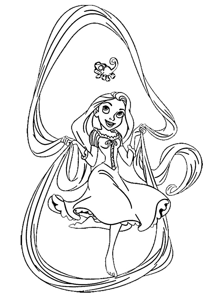 Coloring Pascal's chameleon, who has fun with Rapunzel and her hair