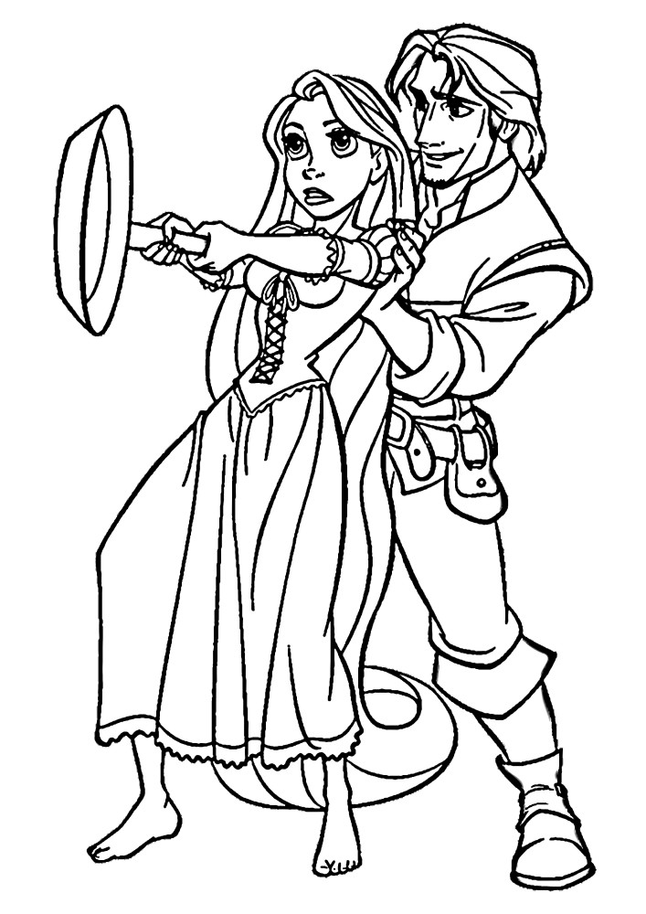 Flynn teaches Rapunzel how to properly defend herself with a frying pan