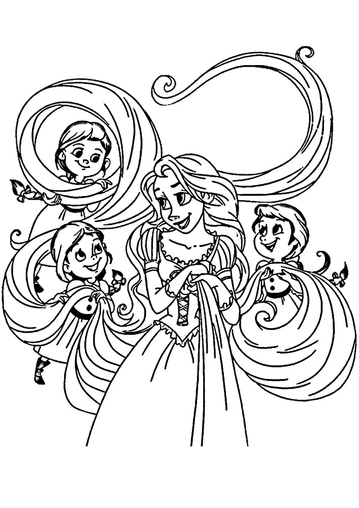 Rapunzel und die Kinder tummeln sich mit ihren Haaren