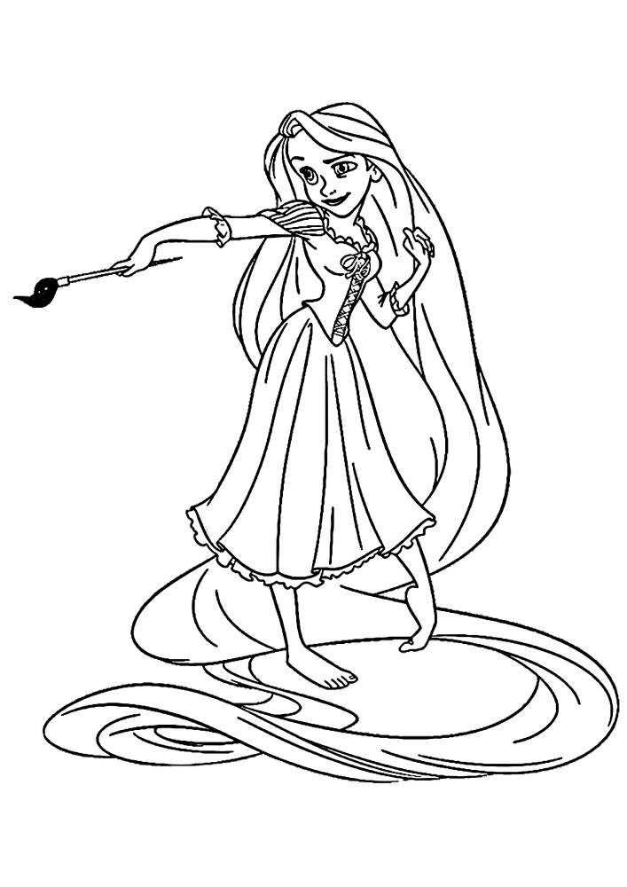 Rapunzel zeigt mit einem Pinsel auf die Stelle, von der sie das Bild malt