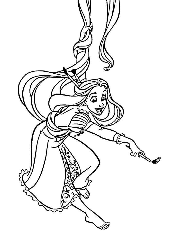 Ausmalbild von Pascal Chamäleon, der Spaß mit Rapunzel und ihren Haaren hat