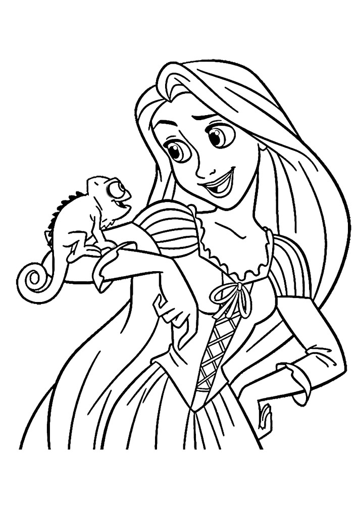 Раскраска хамелеона Паскаля, который развлекается вместе с Рапунцель и её волосами