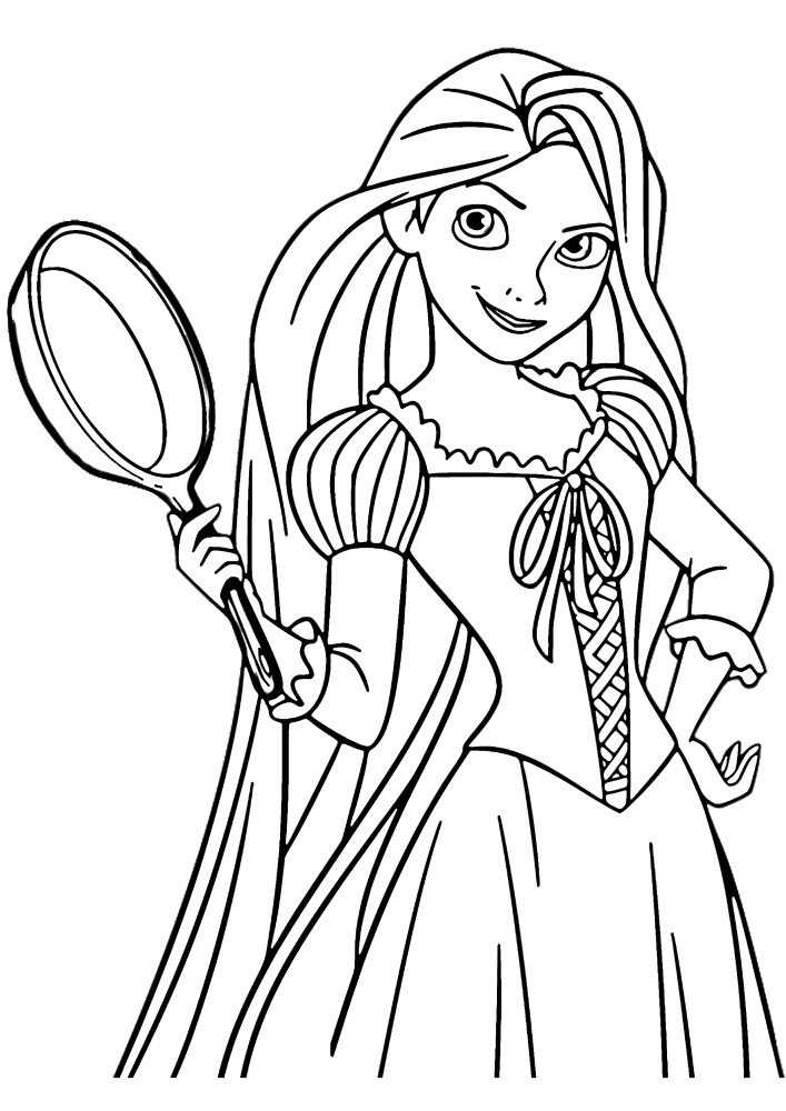 Rapunzel holds a frying pan, so she is not afraid of anything