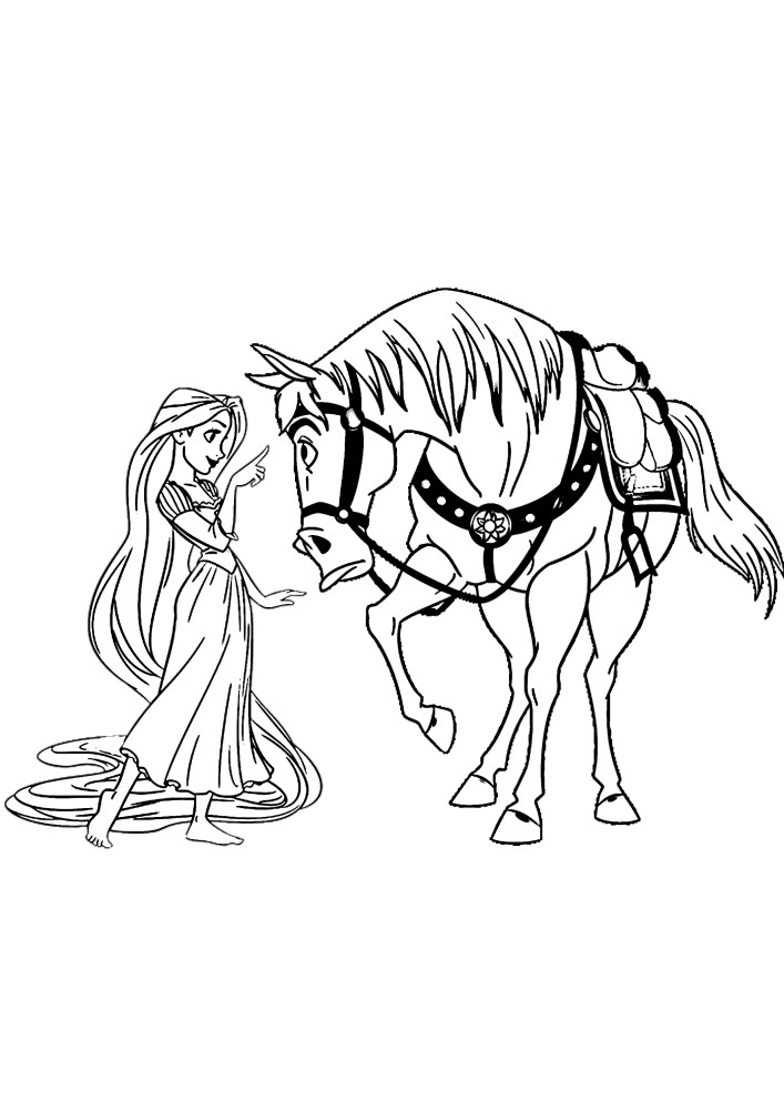 Rapunzel intenta llevarse a Flynn del caballo de Maximus