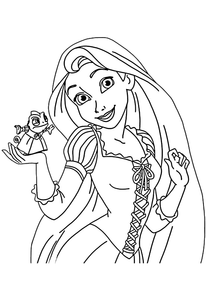Rapunzel put on a small female dress on the chamelon