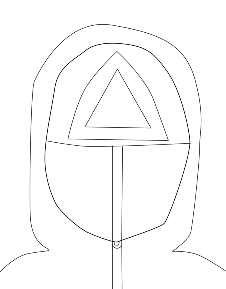 Раскраска Игра в кальмара реалистичный охранник с треугольником на маске