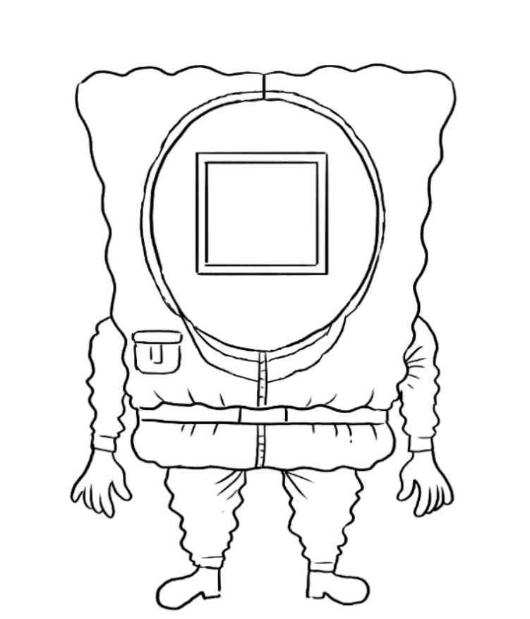 Coloring page Squid Game SpongeBob in a security guard costume