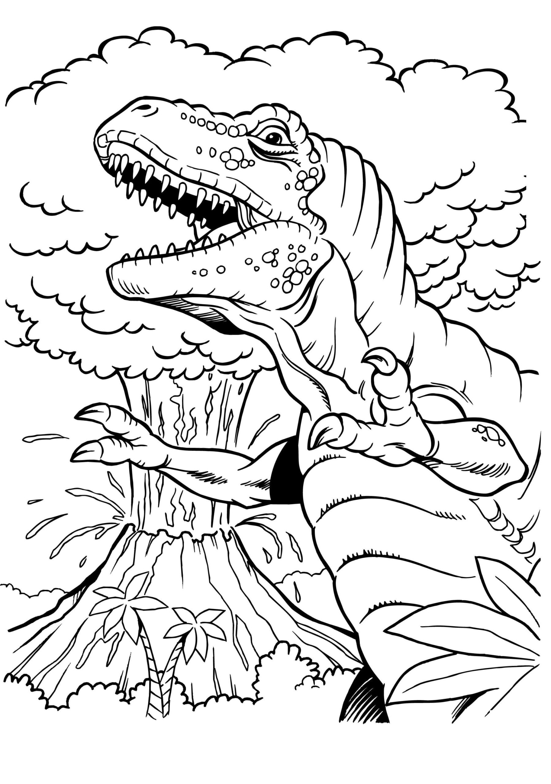 Раскраска Т-рекс Динозавр и вулкан