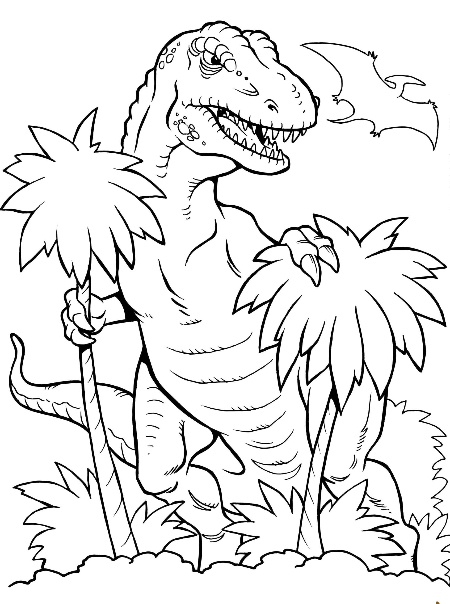 Coloring page T-rex Dinosaur among the trees