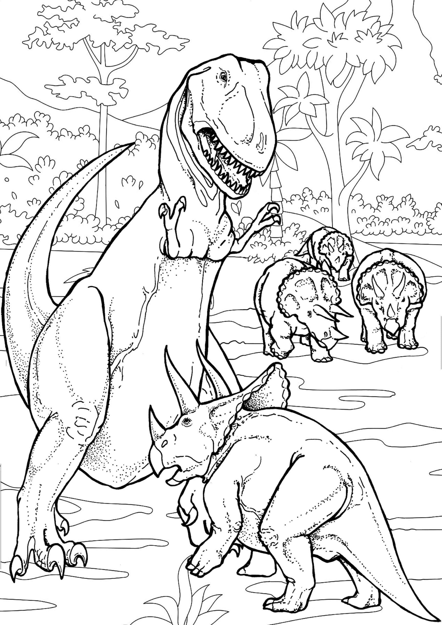 Coloring page T-rex Dinosaur fight for food