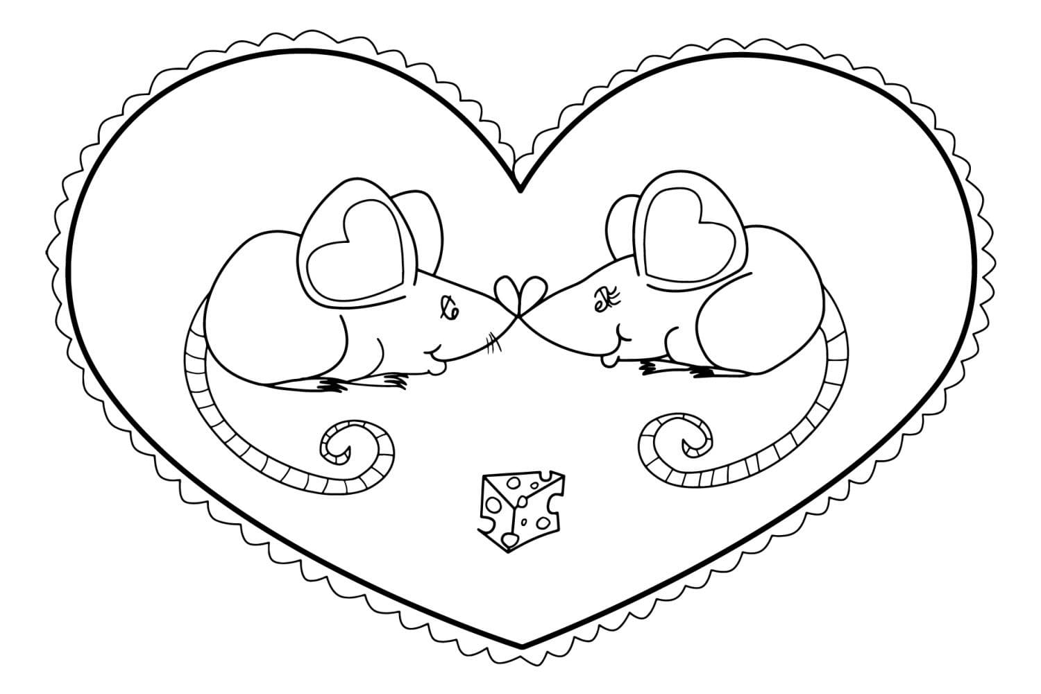Coloring page Valentine's Day Mice love each other