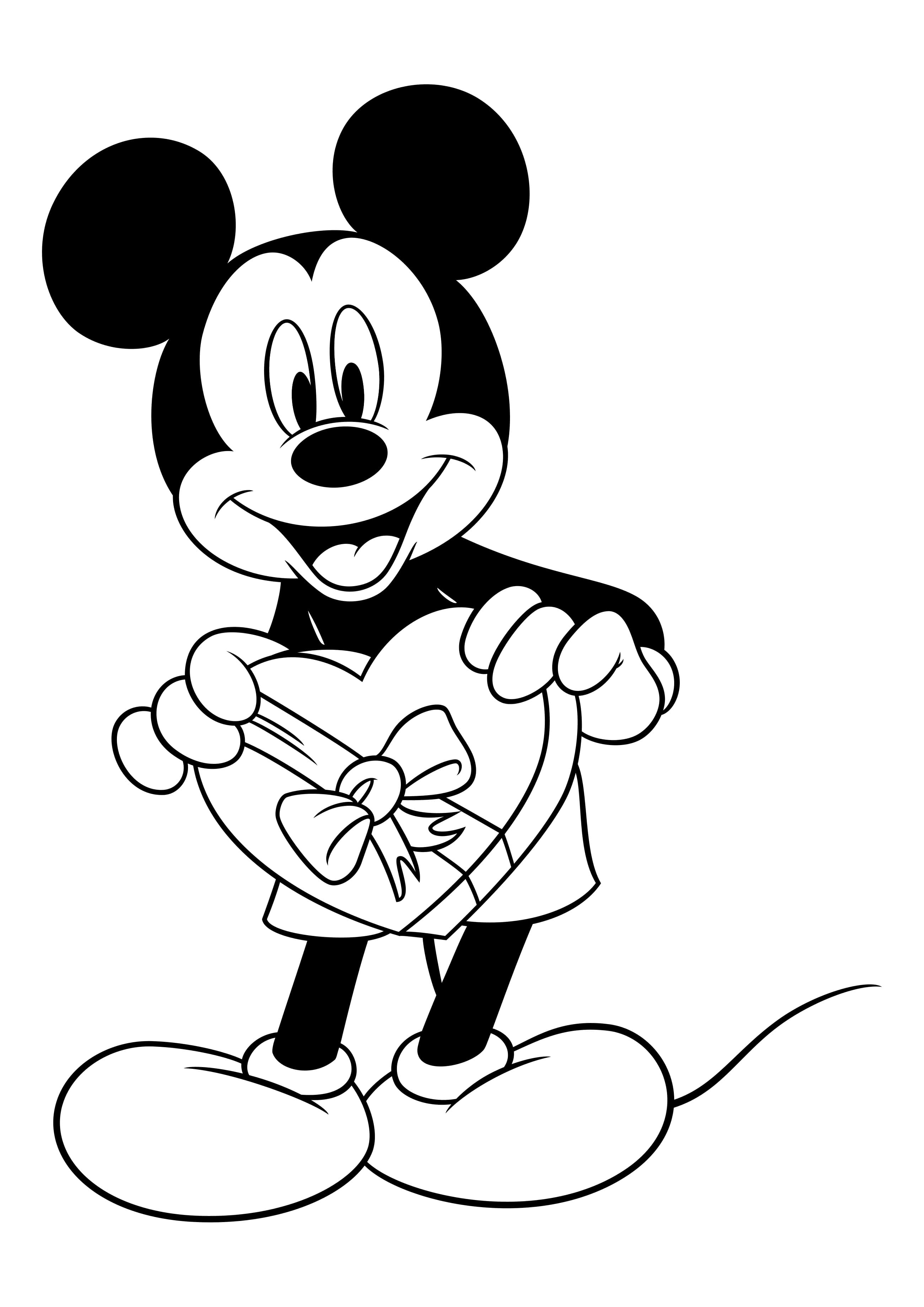 Ausmalbild Valentinstag Mickey Mouse schenkt Minnie Mouse Süßigkeiten