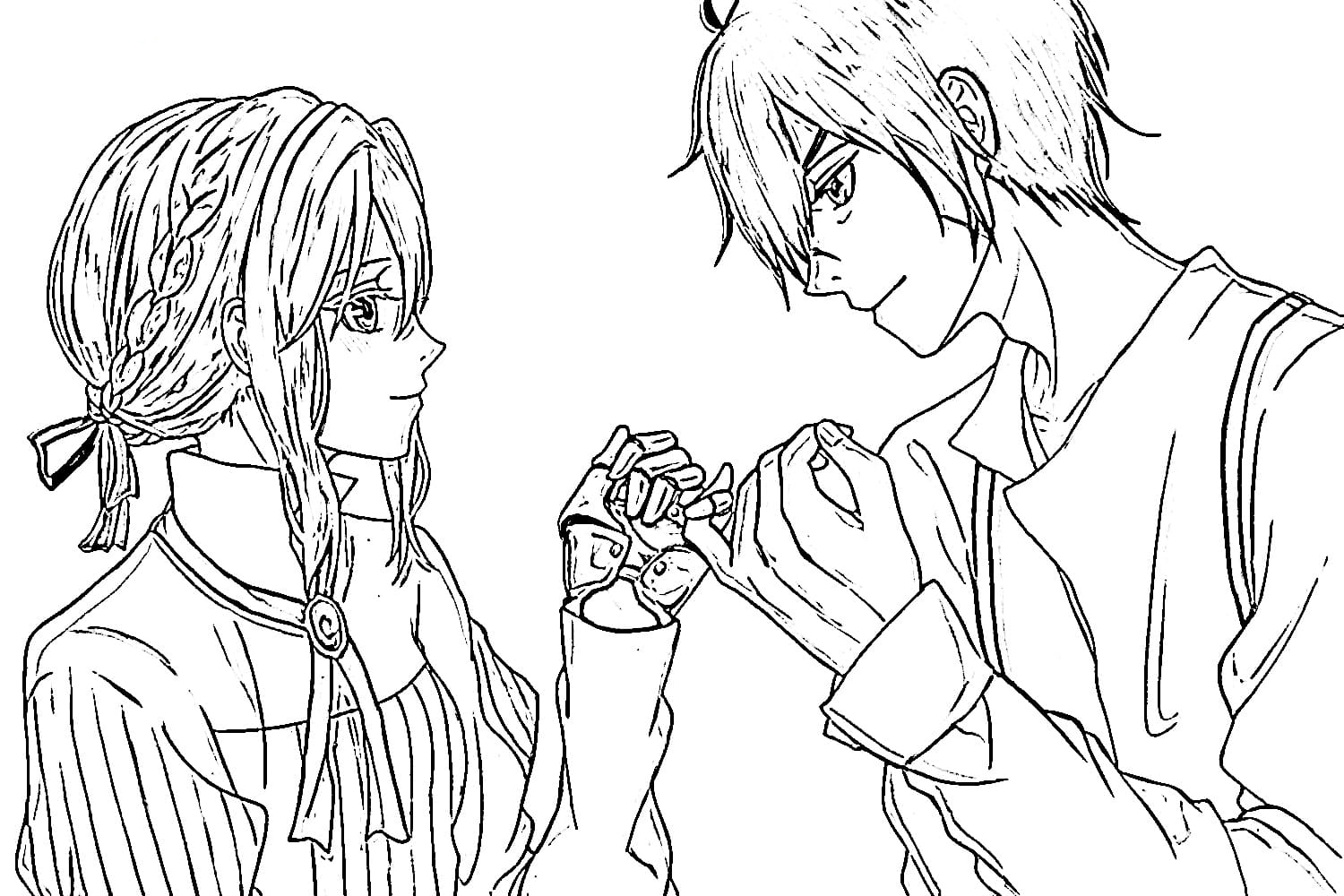 Coloring page Violet Evergarden and Gilbert Bougainvillea