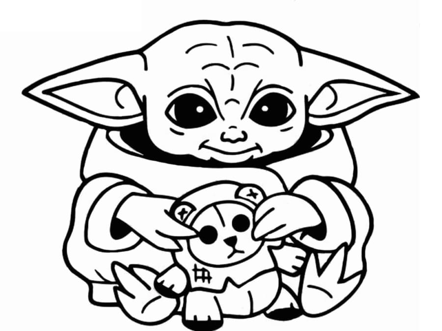 Coloring page Baby Yoda with a toy