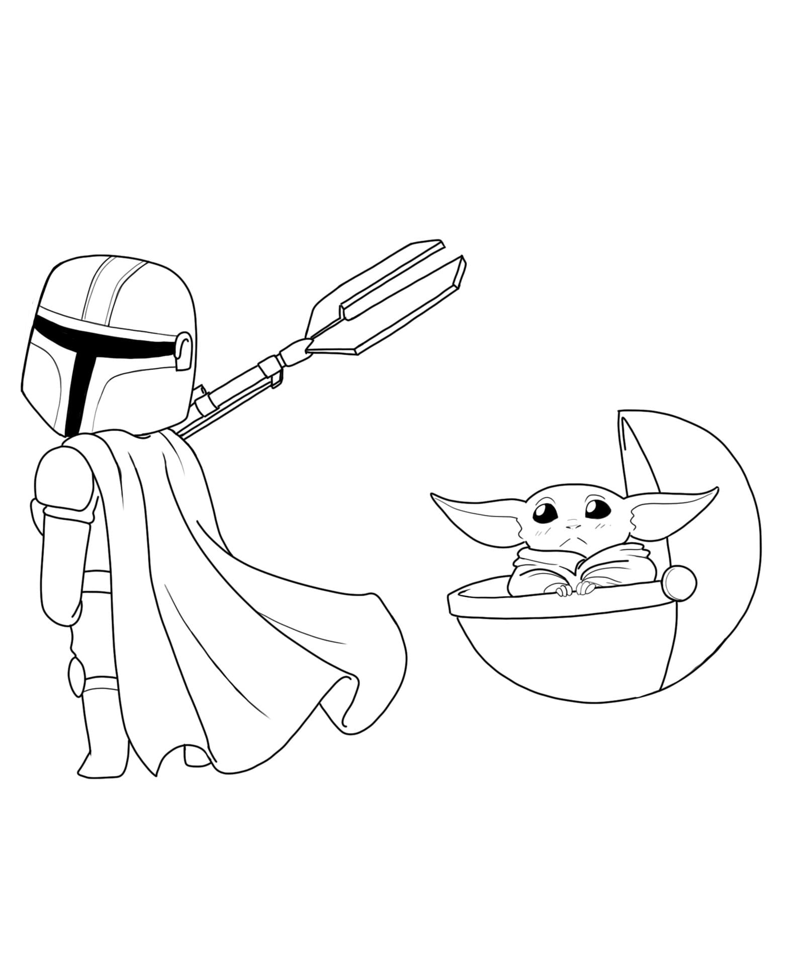 Coloring Pages Baby Yoda and the Mandalorian Print