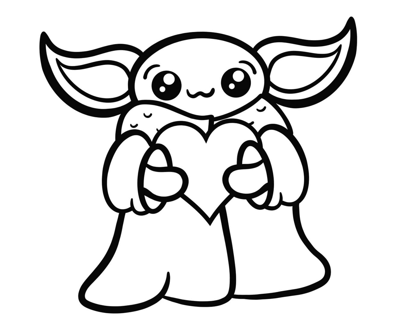 Coloring page Baby Yoda With a heart in his hands