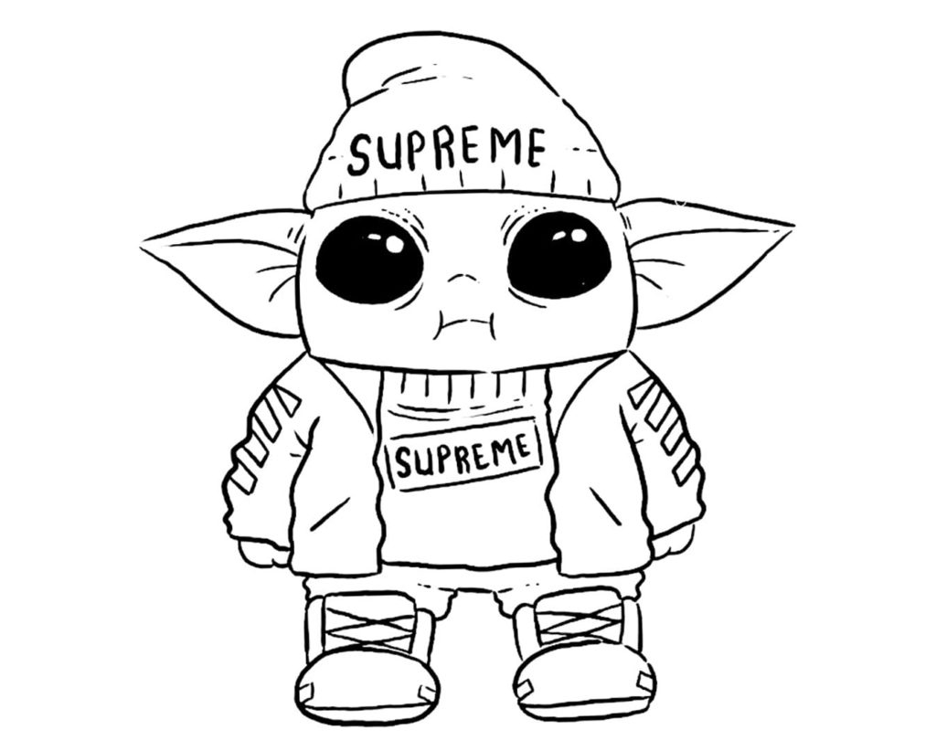 Ausmalbilder Baby Yoda In einem modischen Supreme-Anzug Ausdrucken