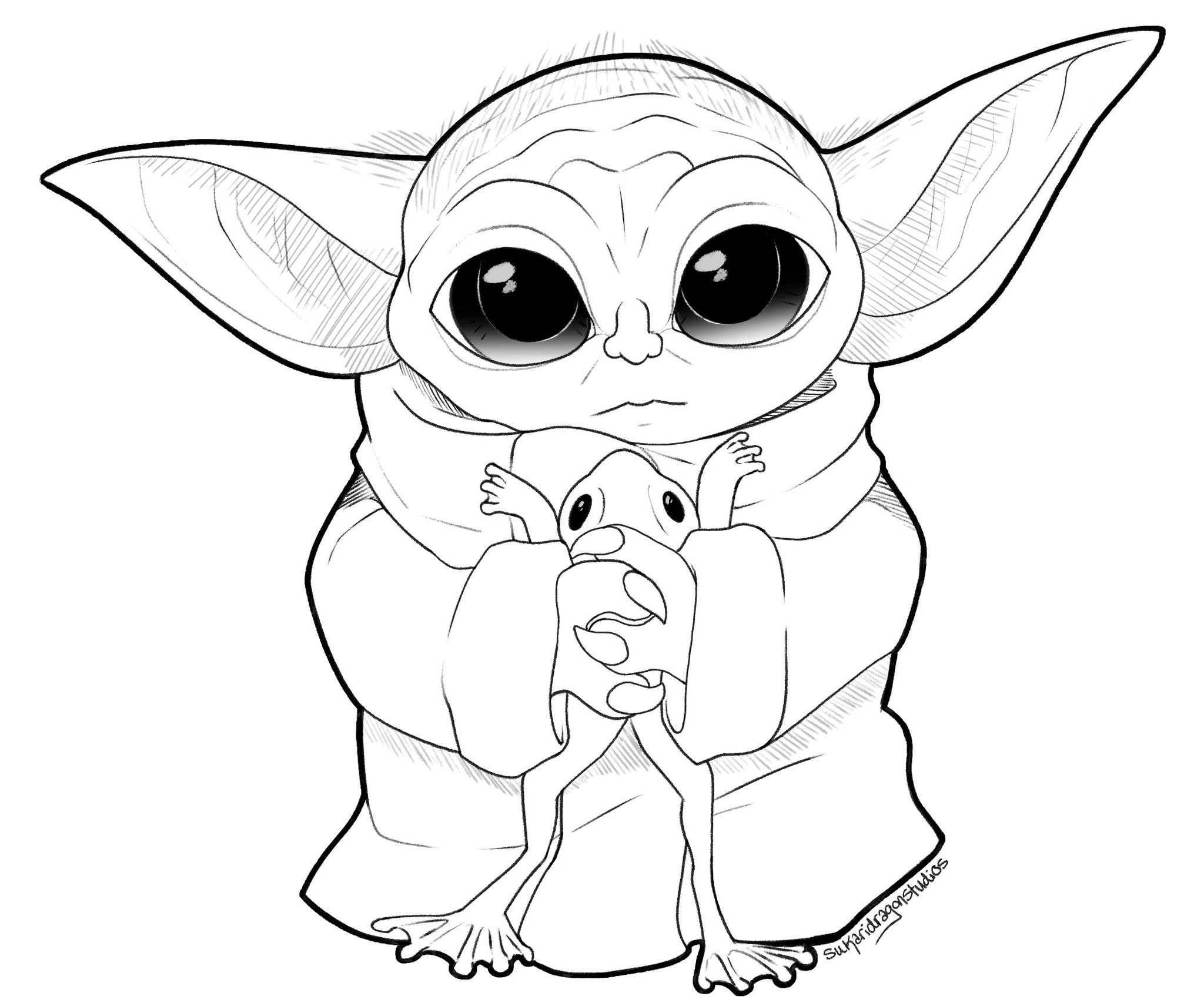 Coloring page Baby Yoda Holding a frog