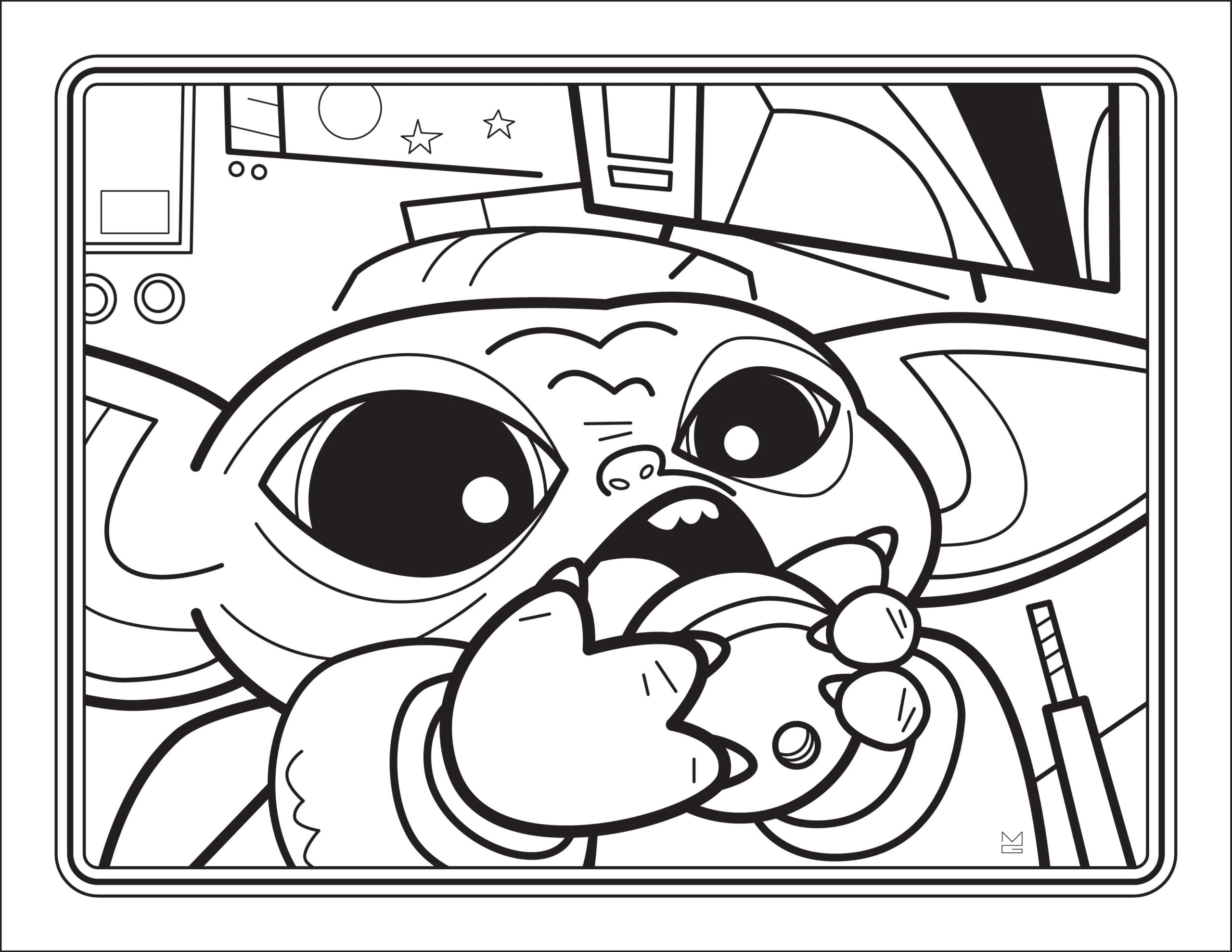 Coloring page Baby Yoda Having lunch