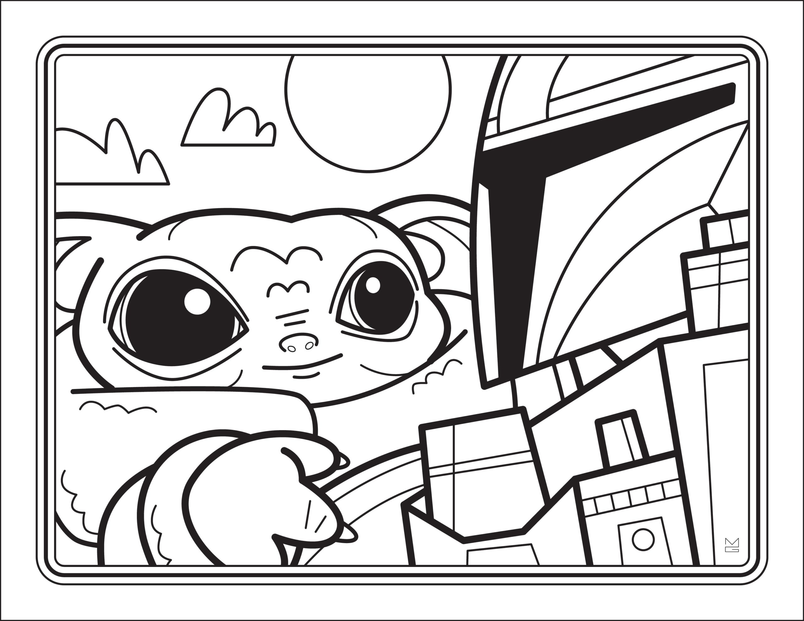 Coloring page Baby Yoda and Mandalorian for children