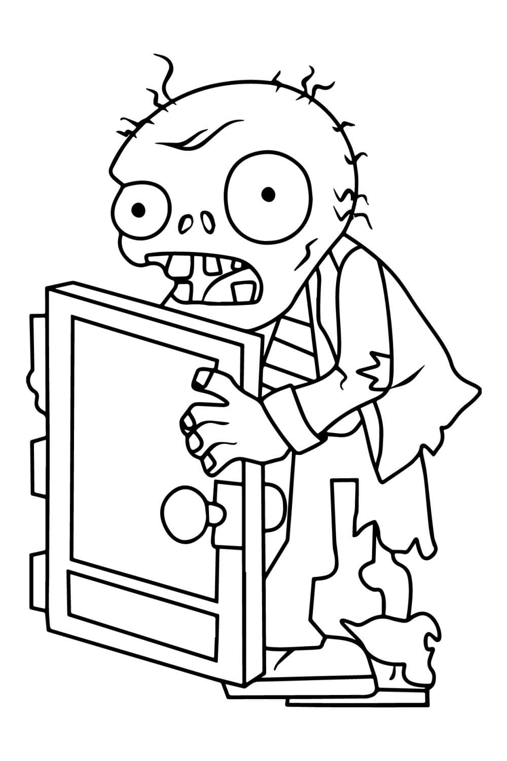 Ausmalbild Zombies Zombie mit Tür in der Hand