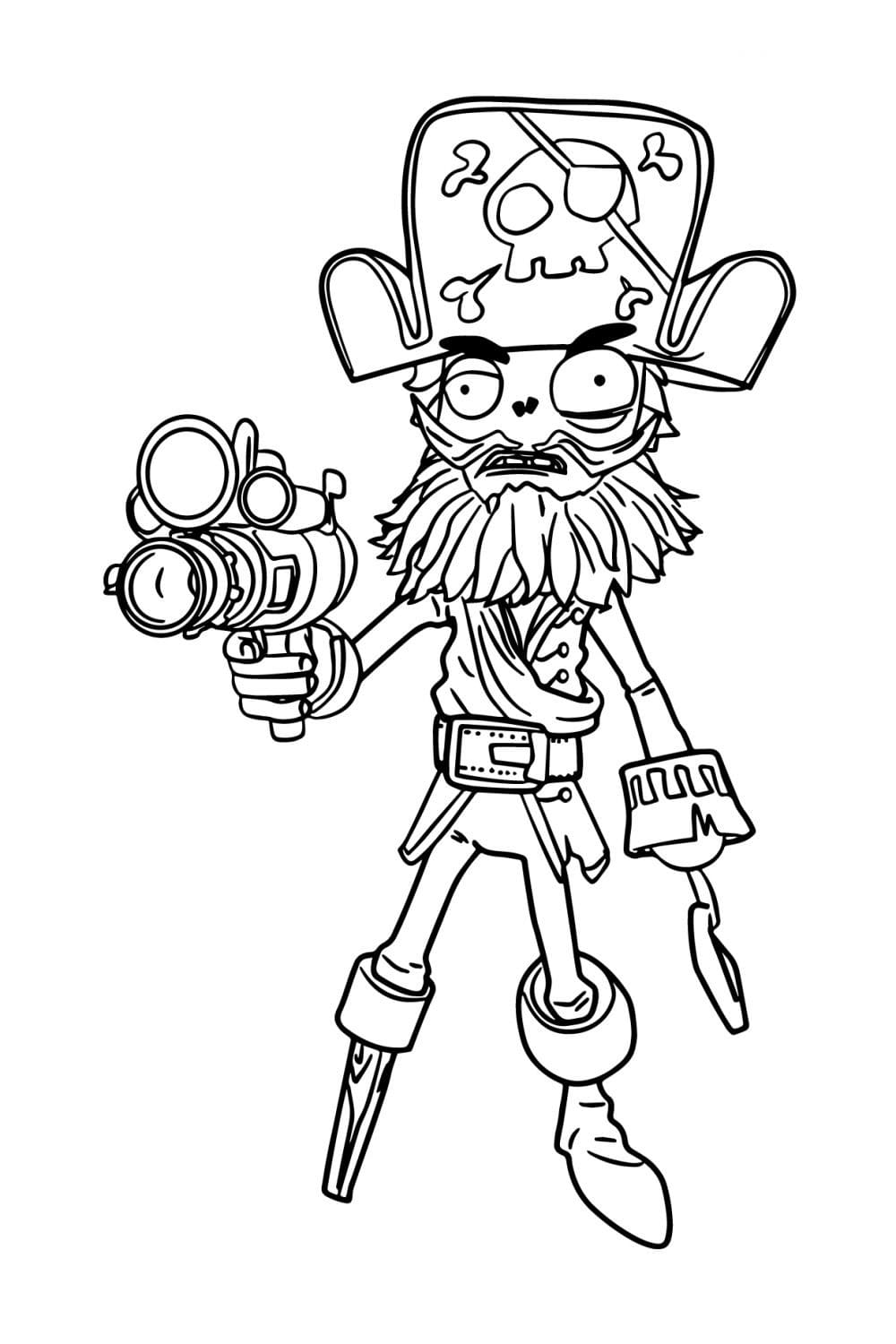 Ausmalbild Zombies Pirat mit Waffen