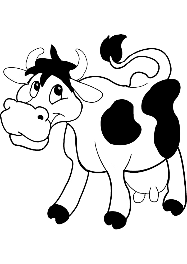 Улыбающаяся корова - чёрно-белая картинка для детей