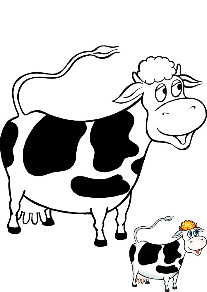 Корова - раскраска с образцом разукрашивния