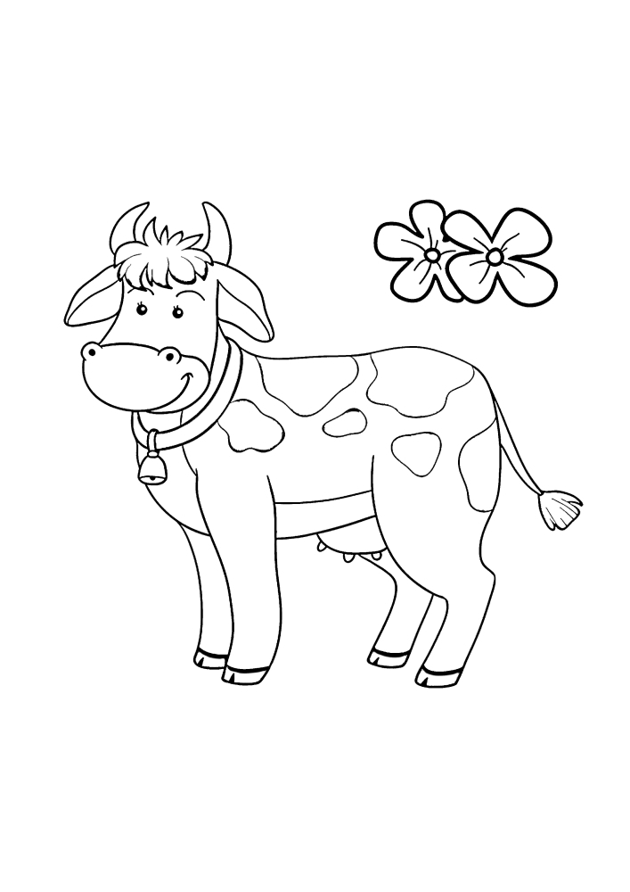 A cow with a bell and two flowers