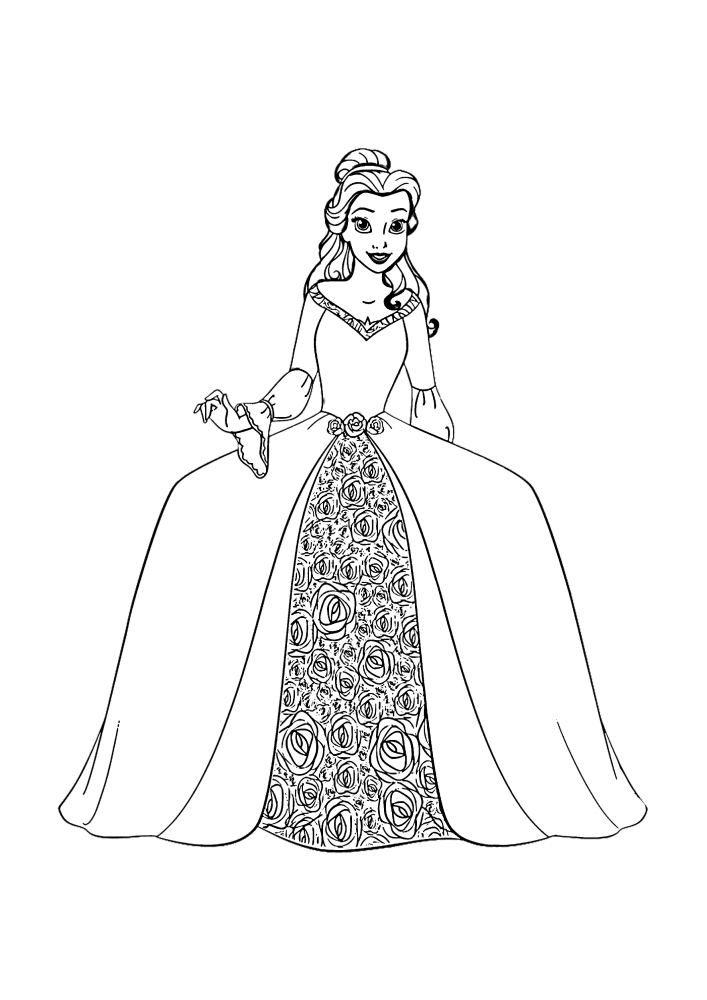 Belle em um vestido exuberante, no meio do qual há um grande número de flores