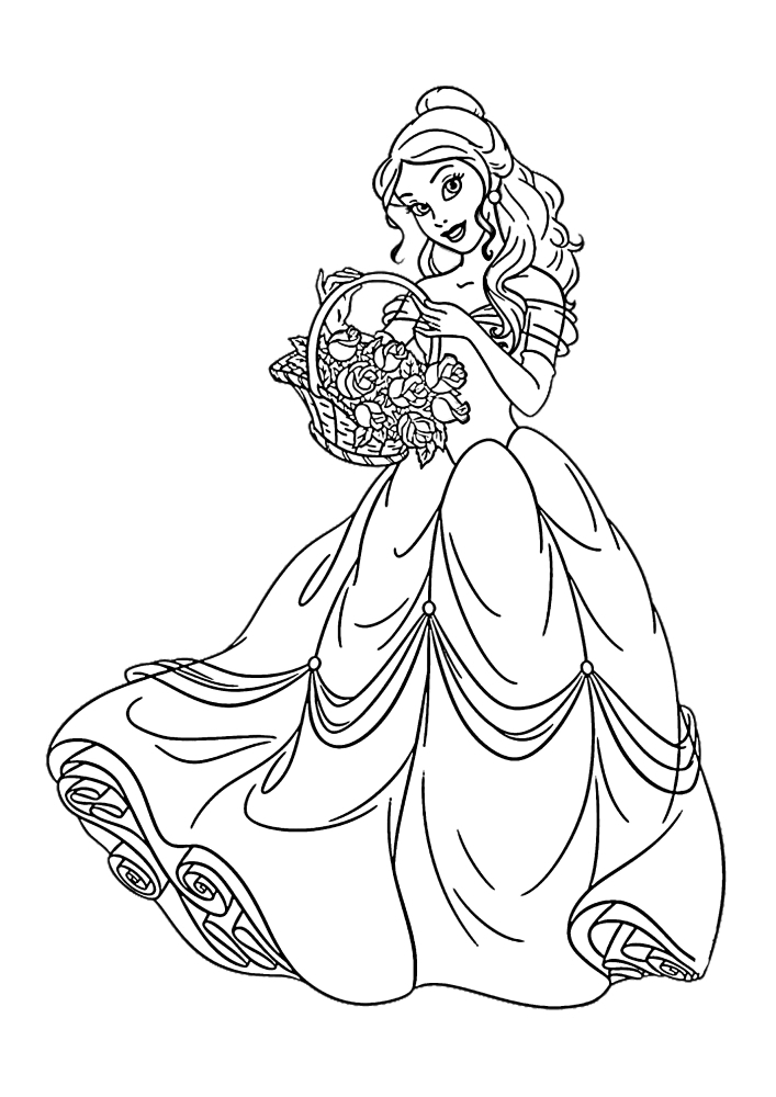 Belle tient un panier de fleurs