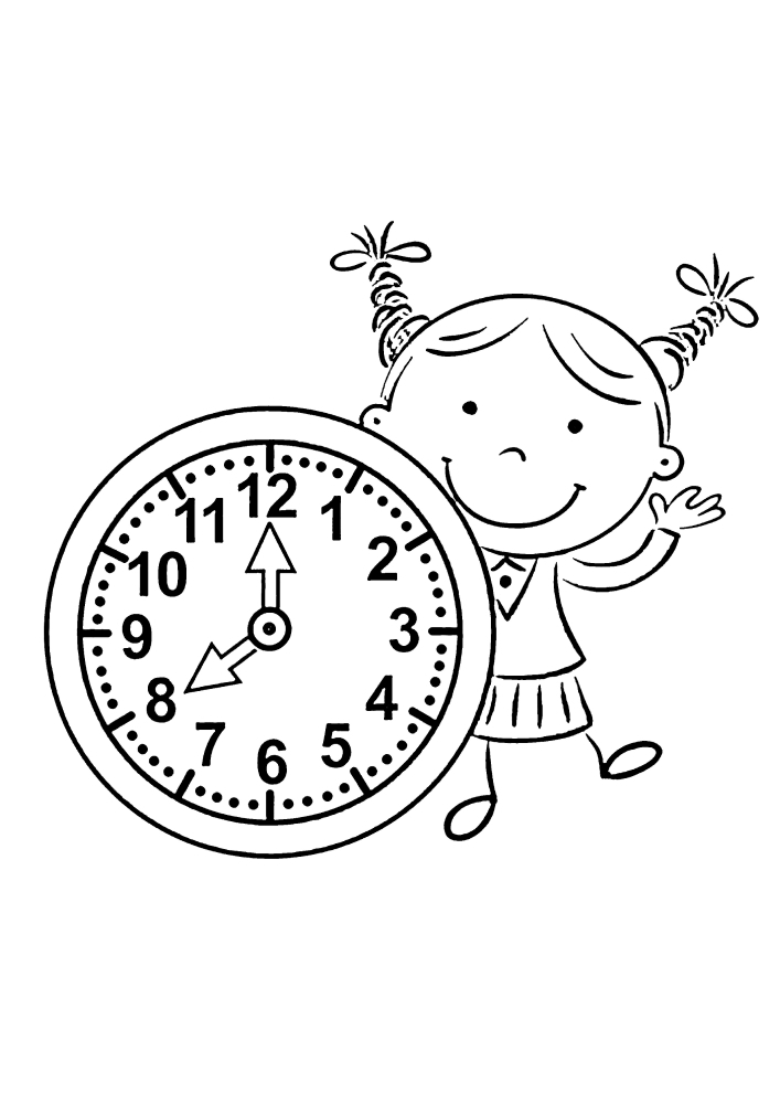 A little girl holds a clock with hands that shows that it is now 8 o'clock.