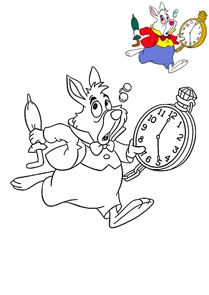 Кролик с часами спешит к Алисе - раскраска с образцом разукрашивания