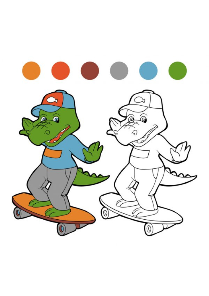 Krokodil auf einem Skateboard und Farbmuster