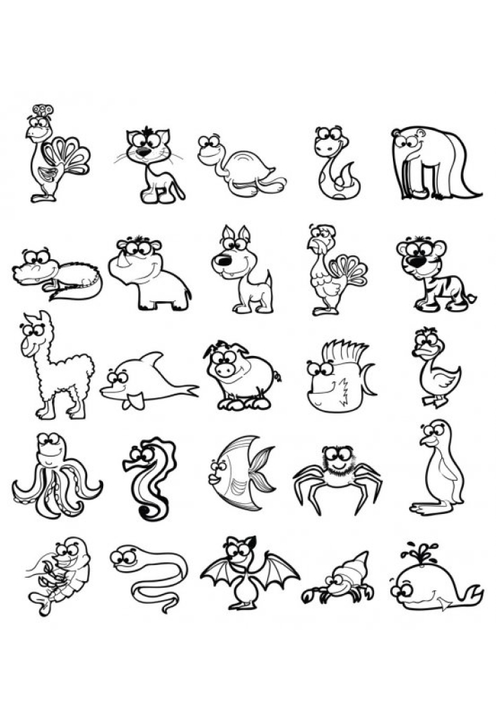 A set of a large number of animals, including a crocodile