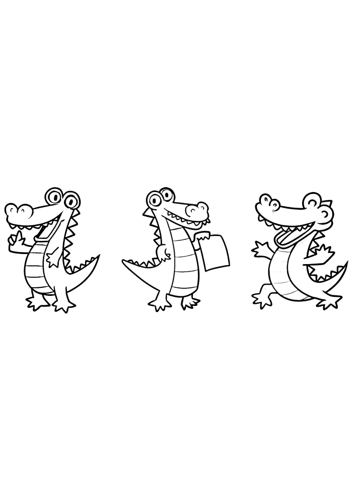 Söpö krokotiili värityskirja kolmessa eri asennossa