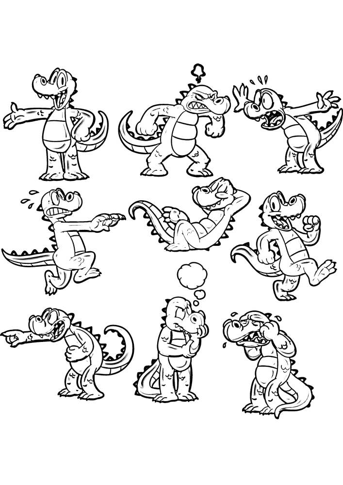 9 poses-crocodile coloring book