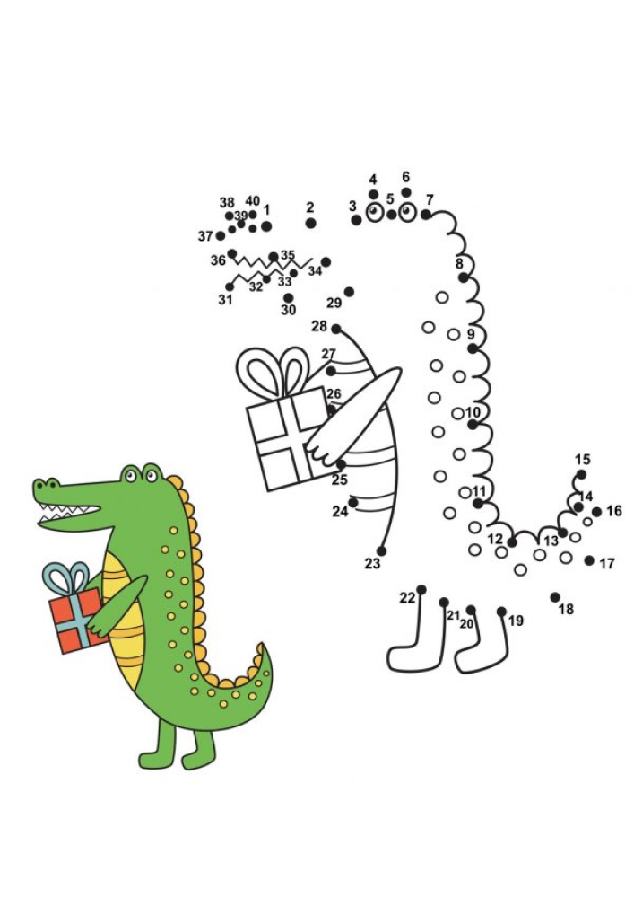 Крокодил с подарком - раскраска по точкам