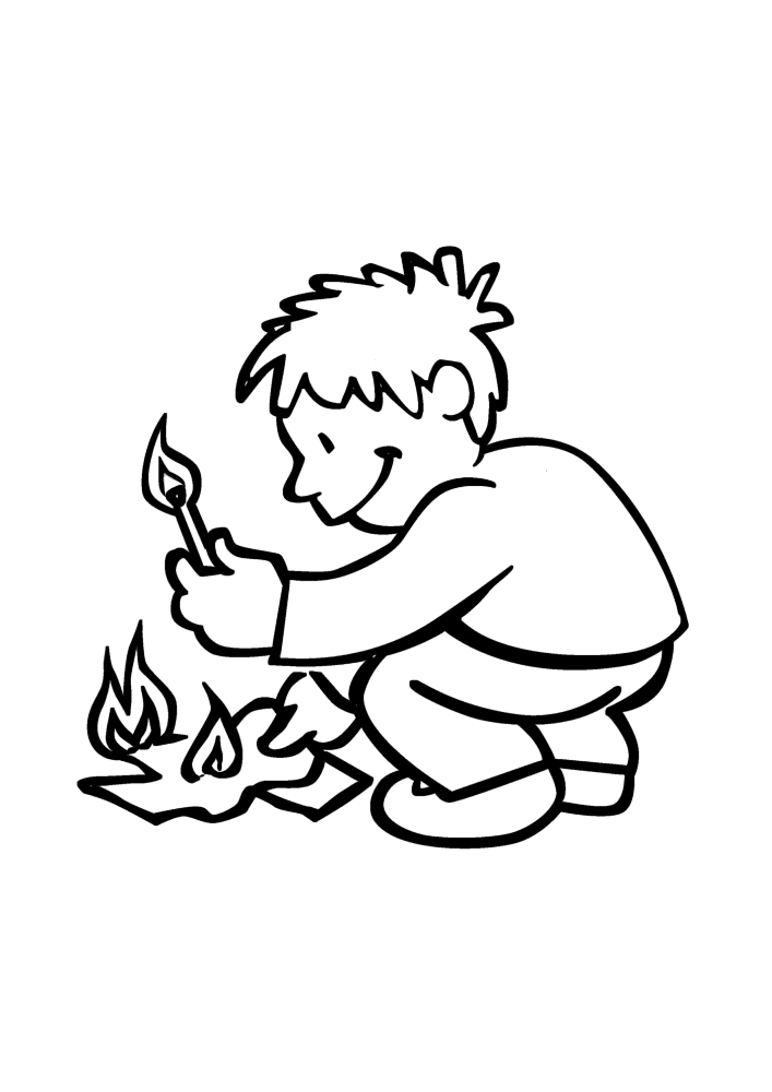 Boy playing with matches-coloring book