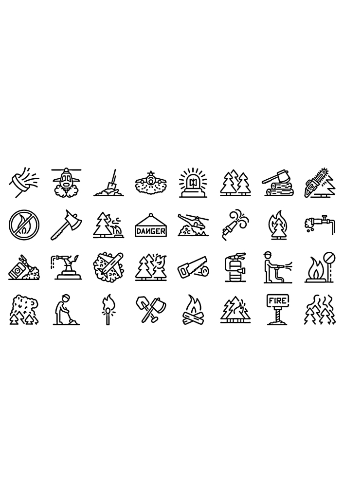 Small icons related to fire-coloring book